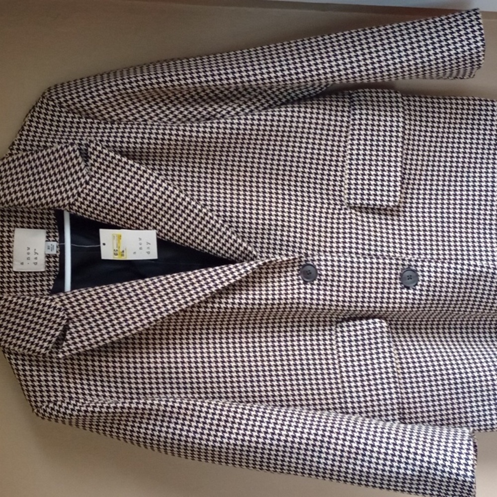 NWT a new day Brown and Cream Houndstooth Long Coat - Picture 2 of 12